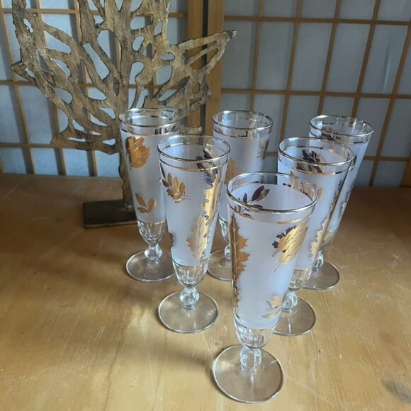 Set Of 6 Libbey Vintage Golden Foliage Pilsner Glasses Frosted Gold Leaf USA - Picture 2 of 7